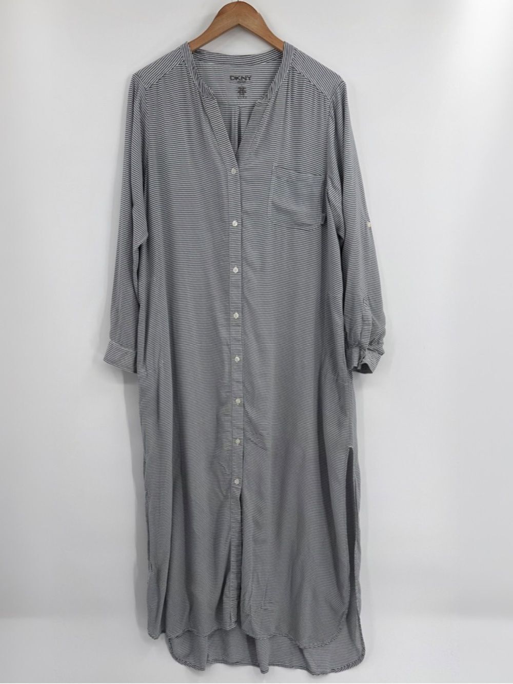 โฆ DKNY Striped Button Front Maxi Sleep Shirt Dress | Gray | Large